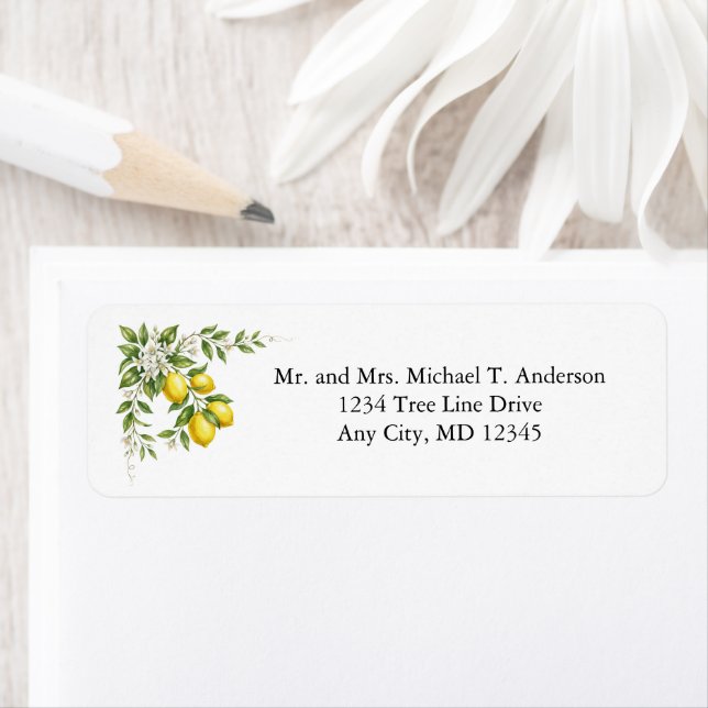 Lemons Citrus Fruit White Florals Return Address Label (Insitu)