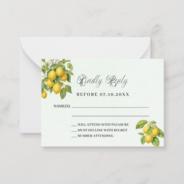 Lemons citrus greenery wedding response RSVP Card (Front)