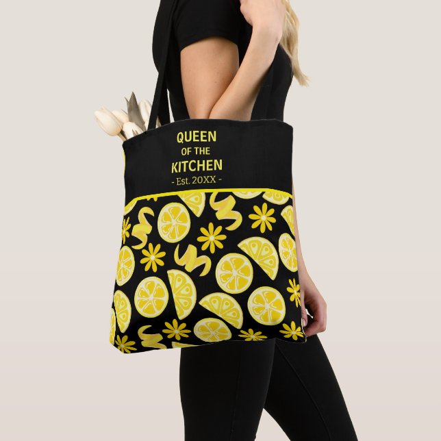 lemons citrus lemonade chef cute yellow black tote bag (Close Up)