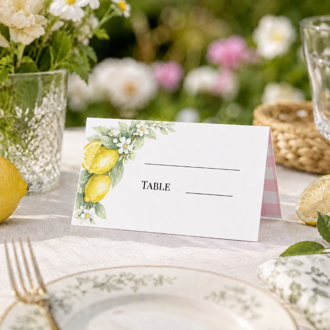 Lemons citrus pink gingham place card (Creator Uploaded)