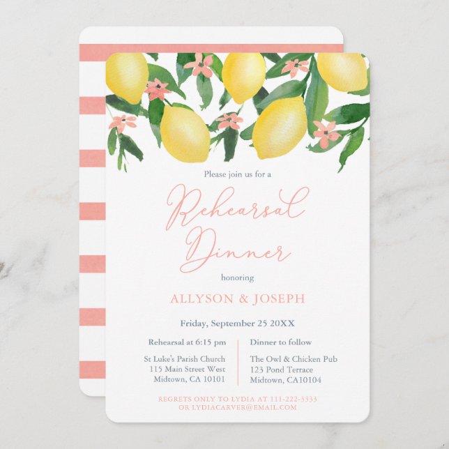 Lemons Citrus Pink Wedding Rehearsal and Dinner Invitation (Front/Back)