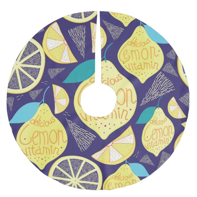 Lemons Cloves: Dark Blue Bright Pattern Brushed Polyester Tree Skirt (Front)