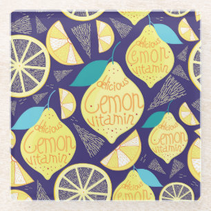 Lemons Cloves: Dark Blue Bright Pattern Glass Coaster