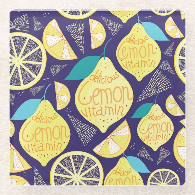 Lemons Cloves: Dark Blue Bright Pattern Glass Coaster (Front)