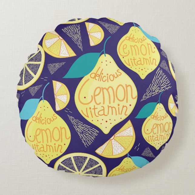 Lemons Cloves: Dark Blue Bright Pattern Round Cushion (Front)