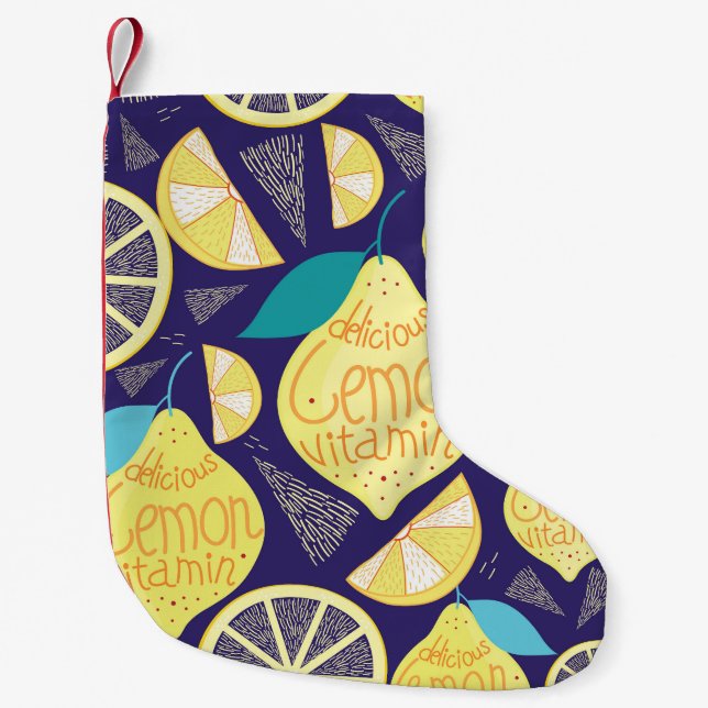 Lemons Cloves: Dark Blue Bright Pattern Small Christmas Stocking (Front)
