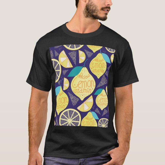 Lemons Cloves: Dark Blue Bright Pattern T-Shirt (Front)
