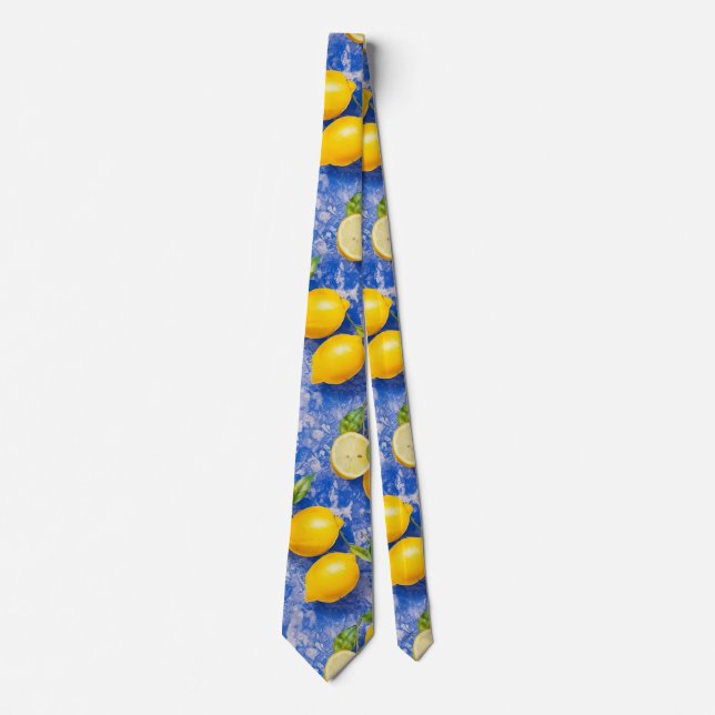 Lemons Dancing on Blue Antique Tiles  Tie (Front)