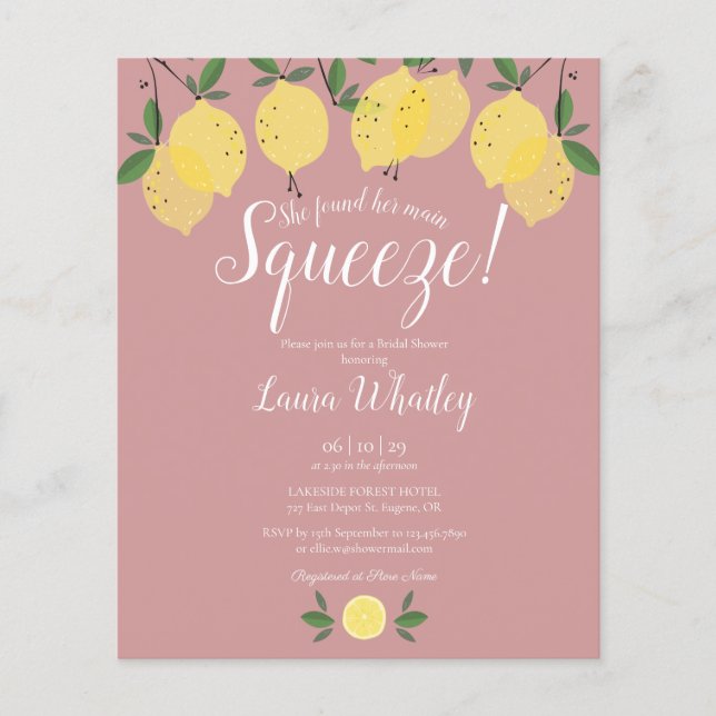 Lemons Dusty Rose Bridal Shower Budget Invite (Front)