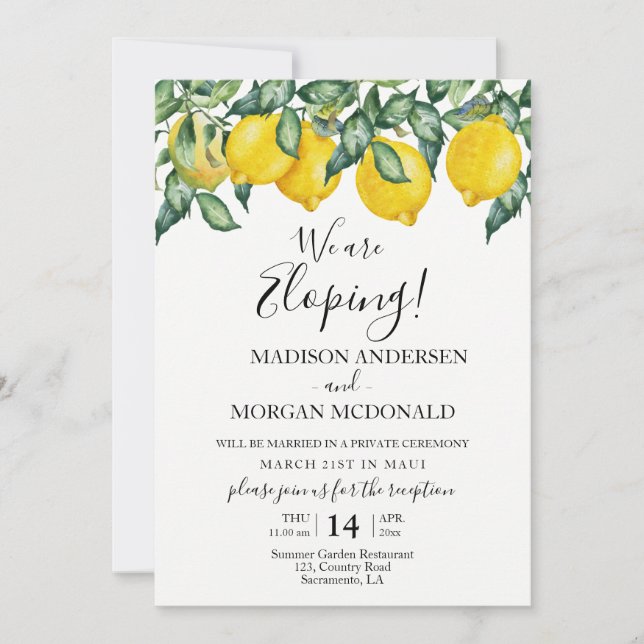 Lemons Elopement reception invitation (Front)