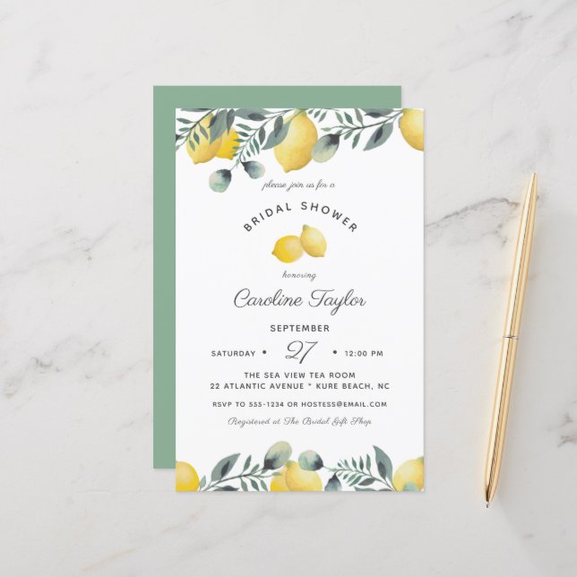 Lemons Eucalyptus Budget Bridal Shower Invitation (Front/Back In Situ)