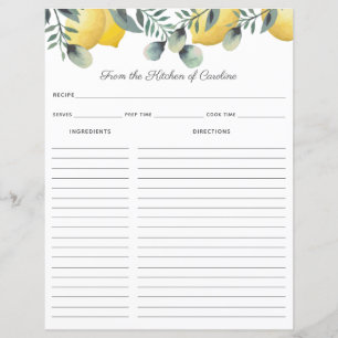 Lemons & Eucalyptus Recipe Card Binder Insert