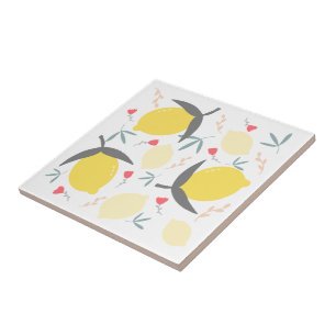 Lemons Floral Botanical Red Flowers Leaves Pattern Ceramic Tile