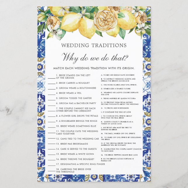 Lemons Floral Bridal Wedding Traditions Game (Front)