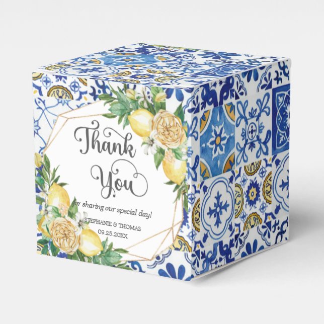 Lemons Floral Meditteranean Mosaic Tiles Wedding  Favour Box (Front Side)