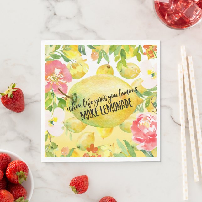 Lemons floral ombre watercolor inspirational quote napkin (Insitu)