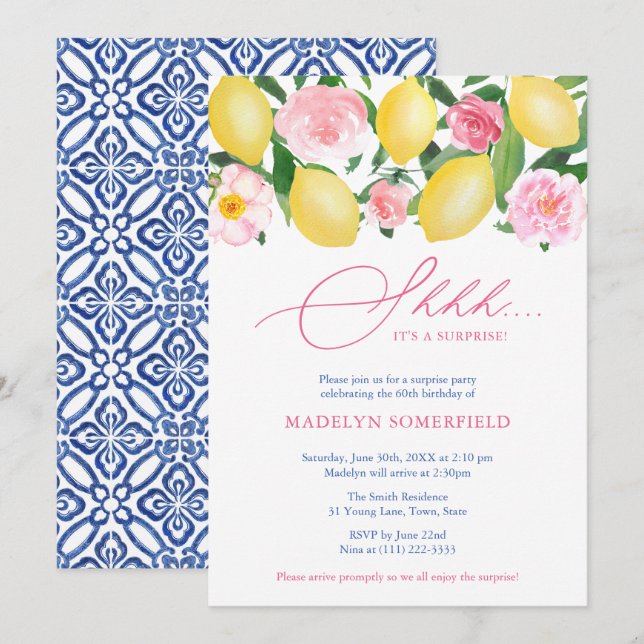 Lemons Floral Shhh! Surprise Lady Birthday Party Invitation (Front/Back)