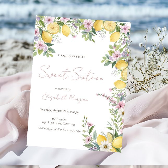 Lemons Flowers Pink Bow Stripes Sweet 16 Invitation (Creator Uploaded)