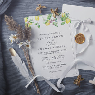 Lemons & Flowers Rustic Elegant QR Code Wedding Invitation