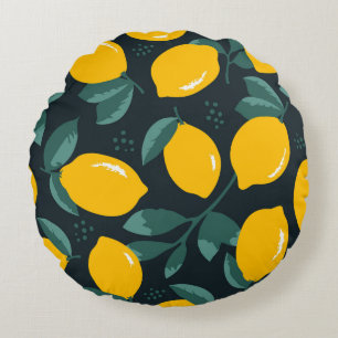 Lemons Flowers, Vintage Summer Texture. Round Cushion