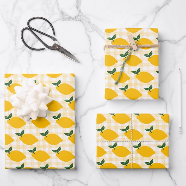 Lemons Gingham Cute CUSTOM Bridal Shower Birthday Wrapping Paper Sheet (Front)
