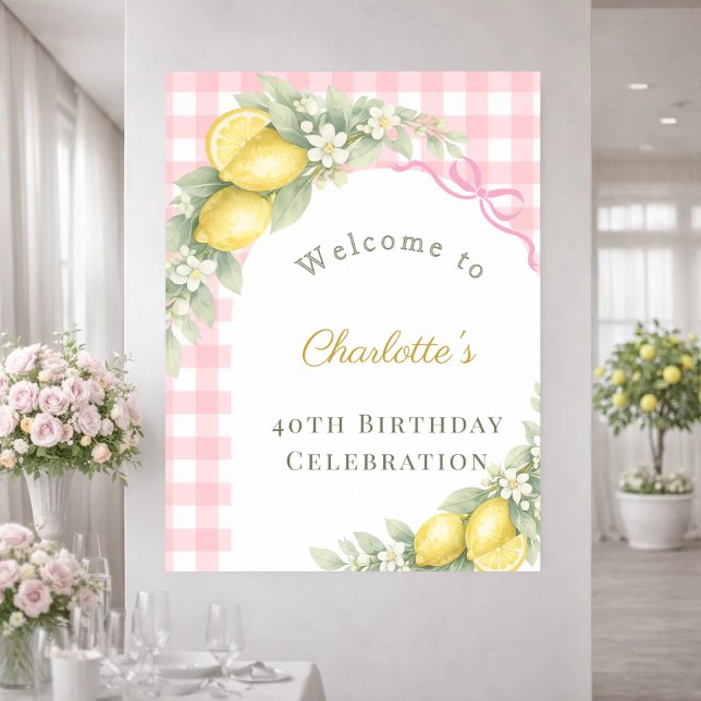 Lemons gingham pink bow garden birthday welcome poster (Creator Uploaded)