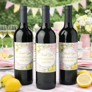 Lemons gingham pink bow garden Thank You Birthday Wine Label