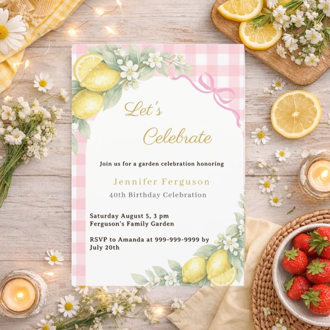 Lemons gingham pink bow summer garden tea birthday invitation (Creator Uploaded)