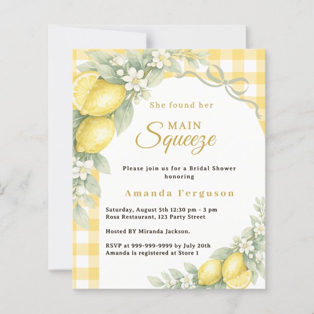 Lemons gingham squeeze Bridal Shower invitation (Front)