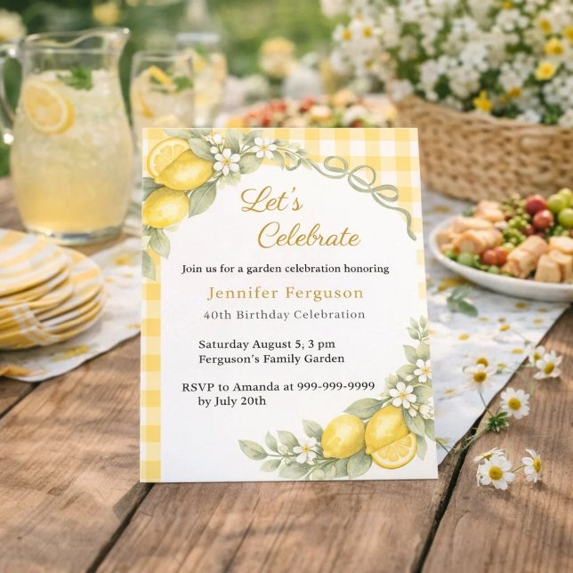 Lemons gingham summer garden birthday invitation (Creator Uploaded)
