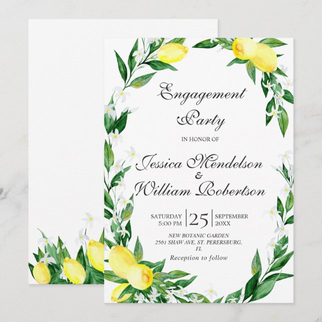 Lemons Greenery Blossom Engagement Party Invitation (Front/Back)