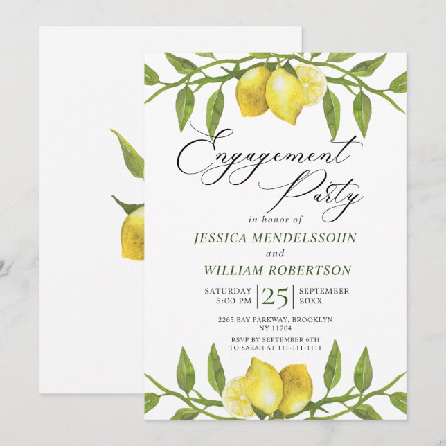 Lemons Greenery Blossom Engagement Party Invitation (Front/Back)