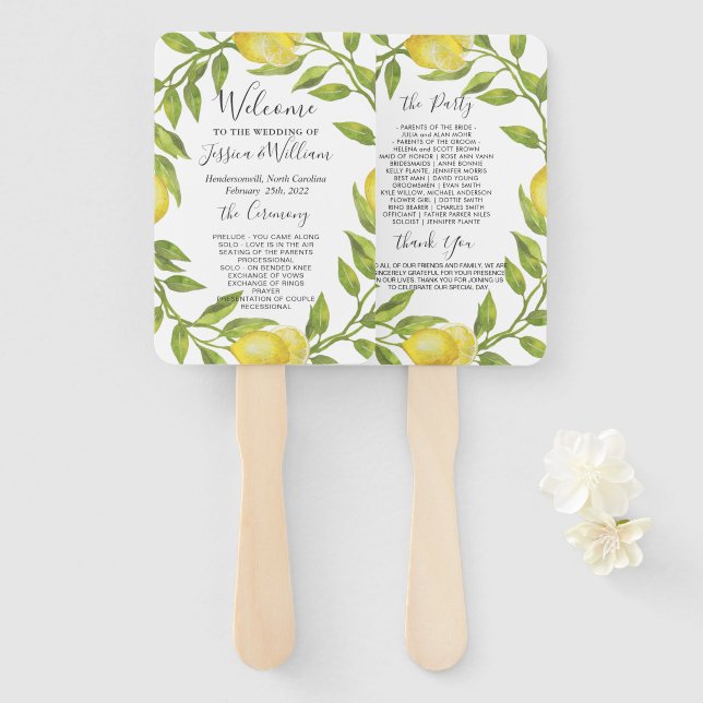 Lemons Greenery Blossom Wedding Program Hand Fan (Front and Back)