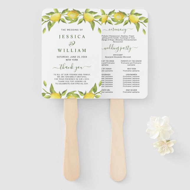 Lemons Greenery Blossom Wedding Program Hand Fan (Front and Back)