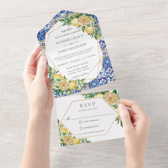 Lemons Greenery Floral Mosaic Tiles Wedding    All All In One Invitation (Tearaway)