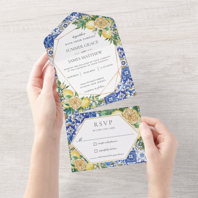 Lemons Greenery Floral Mosaic Tiles Wedding    All All In One Invitation (Tearaway)