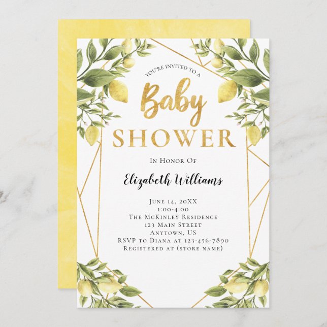 Lemons Greenery Geometric Frame Baby Shower Invitation (Front/Back)