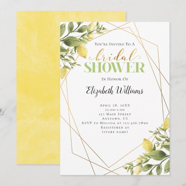 Lemons Greenery Geometric Frame Bridal Shower Invitation (Front/Back)