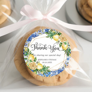 Lemons Greenery Meditteranean Mosaic Tiles Wedding Classic Round Sticker