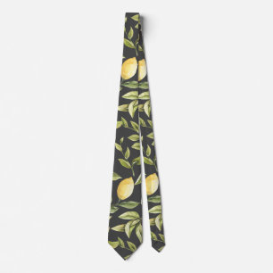 Lemons Grey Watercolor botanical pattern Tie