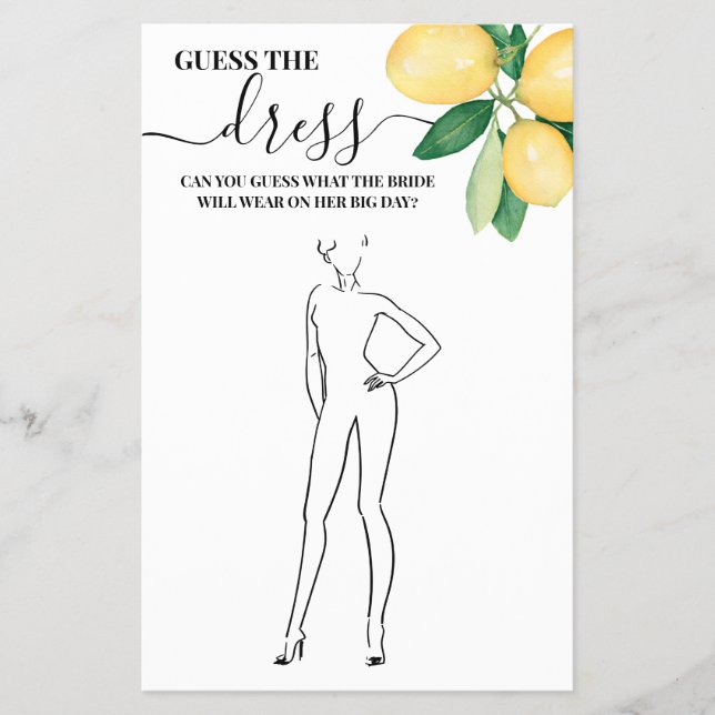 Lemons Guess the Dress Bridal Shower Game Card (Front)