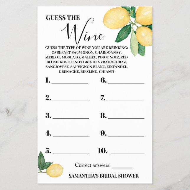 Lemons Guess the Wine Couples Shower Game Card (Front)