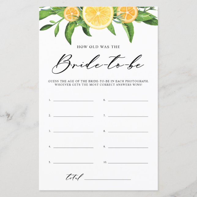 Lemons How Old Was Bride Bridal Shower Game (Front)