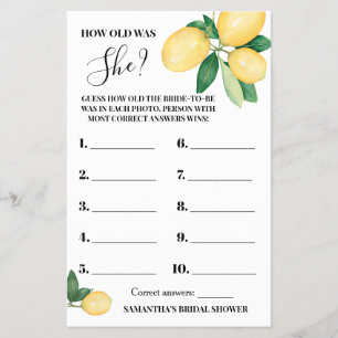 Lemons How old was She Bridal Shower Game Card