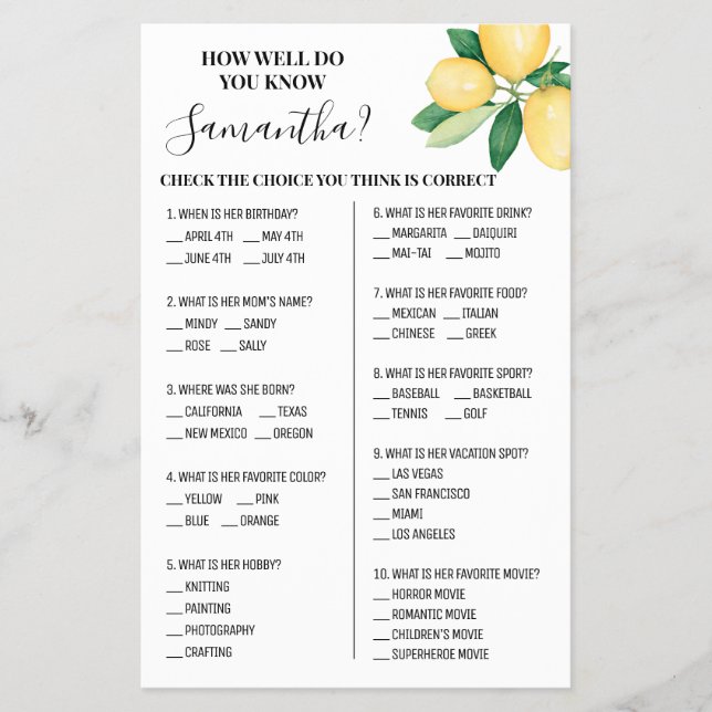Lemons How well do you know Bride Shower Game Card (Front)