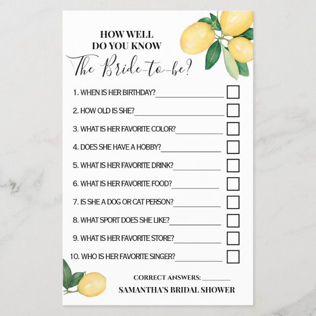 Lemons How well do you know Bride Shower Game card (Front)