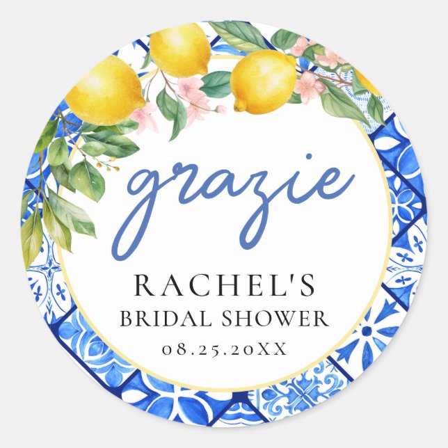 Lemons Italian Blue Tiles Bridal Shower Grazie Classic Round Sticker (Front)