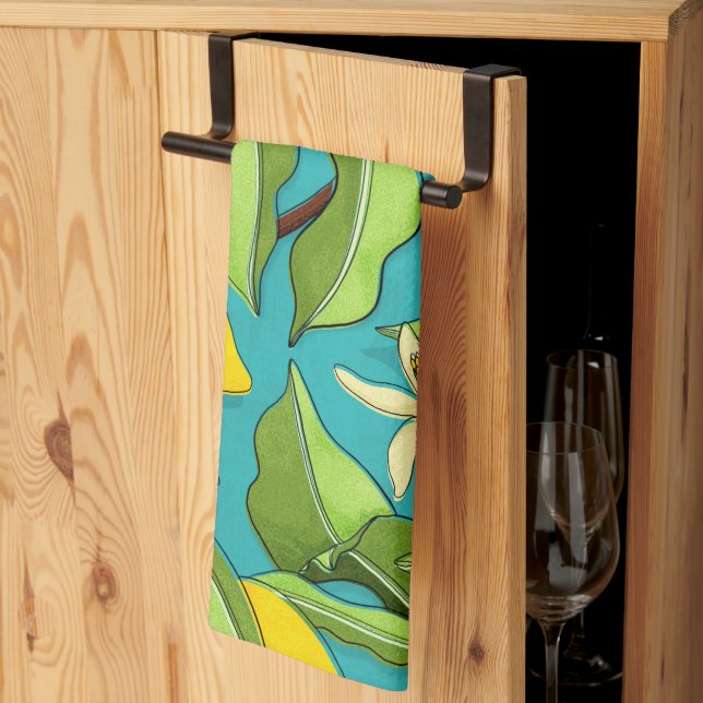 Lemons, Ladybugs, Blossoms on Teal Background Tea Towel (Thirds Fold)