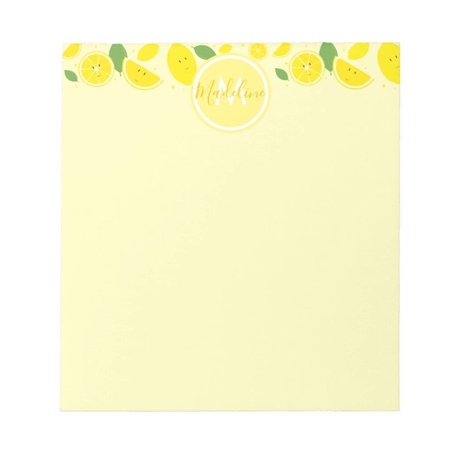 Lemons Leaf Pattern Monogram Name Yellow Notepad (Front)
