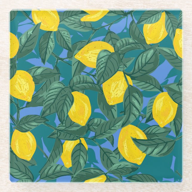 Lemons, leaves: citrus tropical pattern. glass coaster (Front)